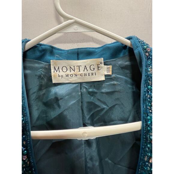 Montage by Mon Cheri Teal Satin Beaded Bolero Jacket Size 18W - Picture 3 of 11